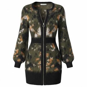 Venus zippered sweater dress camouflage pattern in green black mustard yellow M